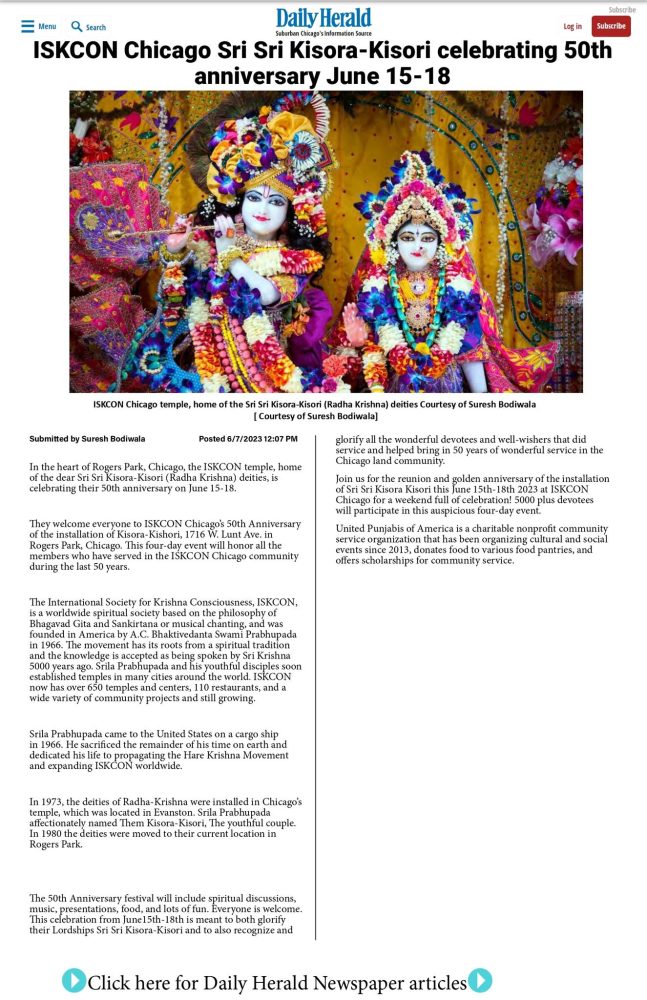 Article published in Daily Herald ISKCON Chicago Sri Sri Kisora-Kisori Celebrating 50 Years